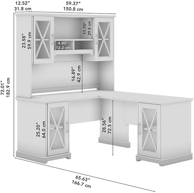 BOWERY HILL Engineered Wood L-Shaped Desk with Hutch Linen White Oak Finish 72 in H x 59 in W x 65 in D Adjustable Shelves with Tempered Glass Cabinets Farmhouse Style Home Office Desk