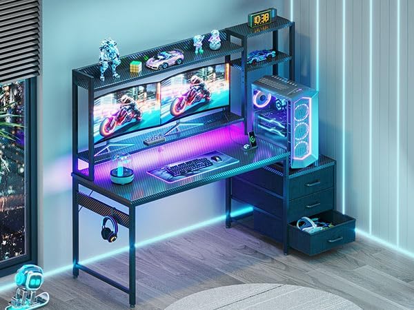 Casaottima 55 Inch Gaming Desk with Hutch &amp 3 Fabric Drawers Computer Desk with USB Ports &amp LED Lights Reversible Pc Gamer Table with Monitor Stand for Home Office Carbon Fiber Black