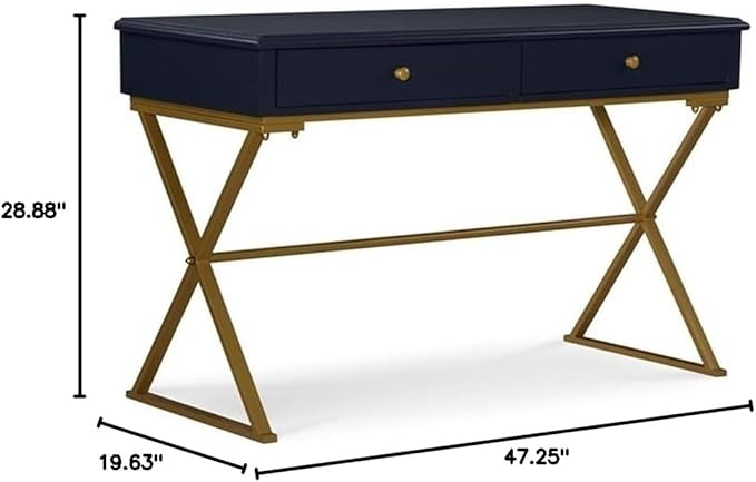 Pemberly Row Writing Desk 47.5 W x 19.5 D x 29.25 H MDF and Metal Blue Top with Gold Criss Cross Legs 2 Drawer Storage Modern Style for Office or Workspace