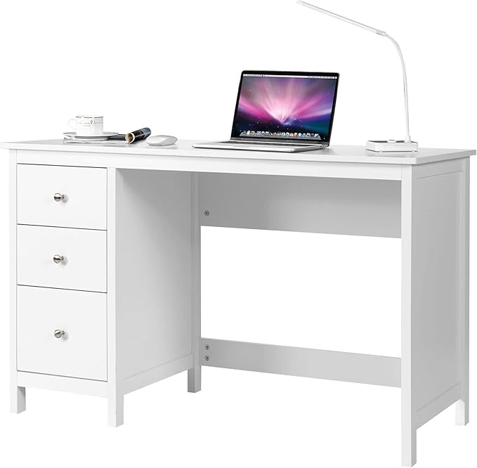 48 Inches Computer Desk Modern Writing Study Table with 3 Drawers Multifunctional Workstation Desk for Home Office Living Room Bedroom Black/White (White)