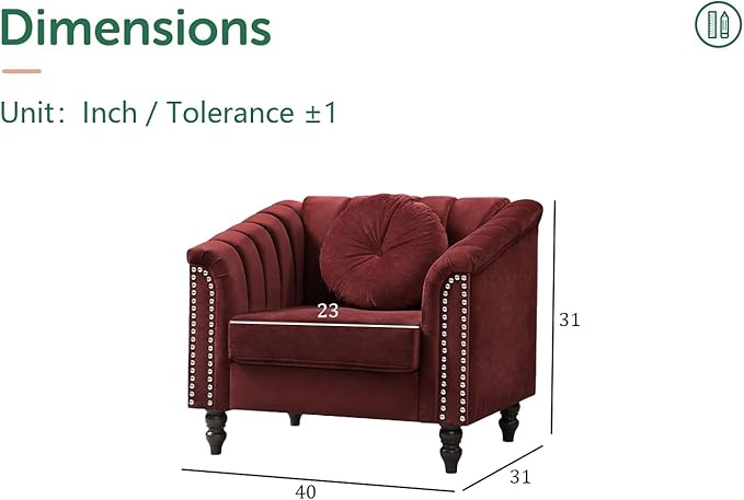 Chesterfield Chair Couch 40 Inch Luxurious Velvet Single Chair Chesterfield Settee Sofa Upholstered Rolled Arm with Rivets/Button Tufted Pillow Modern Sofa for Living RoomRed