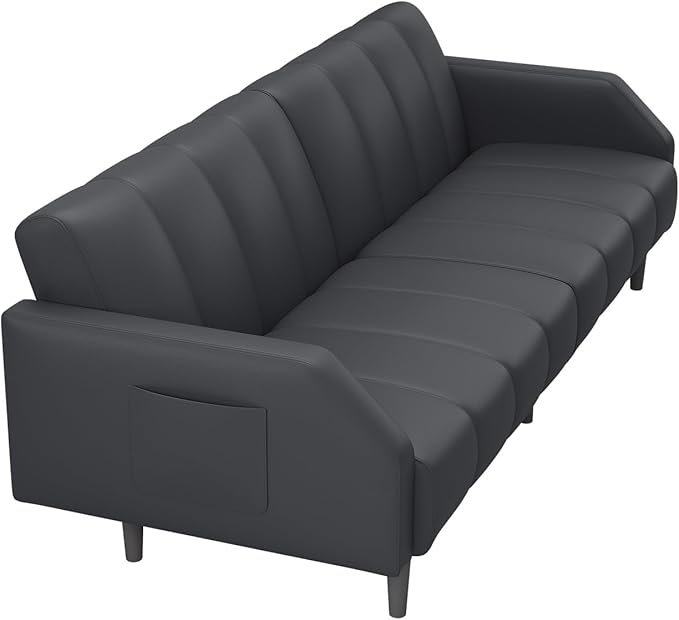 Faux Leather Sofa Bed 78“ Futon Sofa Bed Adjustable Futon Set Backrest Sleeper Sofa Couch Modern Decor Love Seat Couches Upholstered Couch for Living Room Bedroom Dark Gray