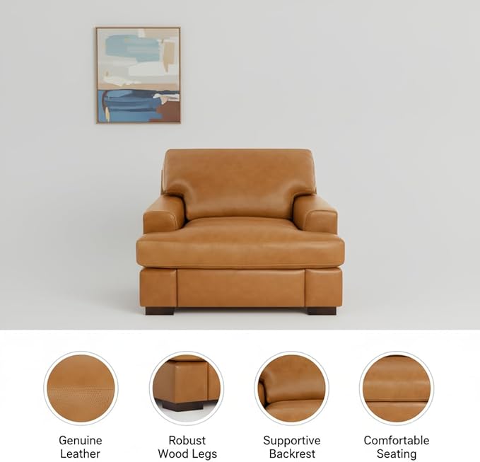 Siggy 400 LBS Capacity Genuine Leather Accent Chair – Goose Feather Cushion Filling for Cloud-Like Comfort Easy Assembly Tan Mid-Century Modern Single-Seat Sofa for Living Room