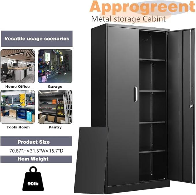 Metal Storage Cabinet with Adjustable Shelves Garage Cabinet with 2 Lockable Doors Garage Storage Cabinet Kitchen Pantry Cabinet - 71'H Black