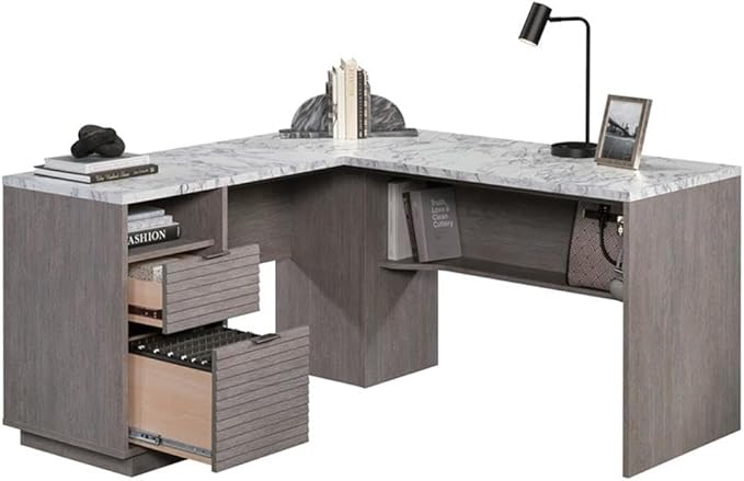 Pemberly Row Engineered Wood L-Shaped Desk 59 in x 58 in x 30 in Ashen Oak Finish Durable Home Office Desk with Storage Drawers and Shelves Compact Workspace for Study or Dorm Room Use