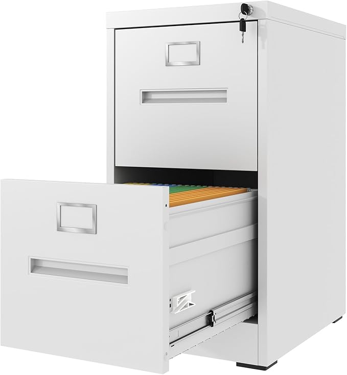 2 Drawer File Cabinet with LockSmall Metal Vertical Filing Cabinets Office Home A4 Letter Size Narrow File Cabinet LockedAssembly RequiredWhite