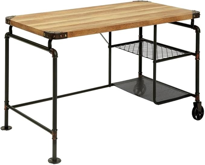 Pemberly Row Metal Writing Desk 47.25 W x 23.63 D x 30.13 H Antique Black Finish Steel and MDF Construction Industrial Style with Stacked Shelves and Caster Wheels Office Desk for Indoor Use