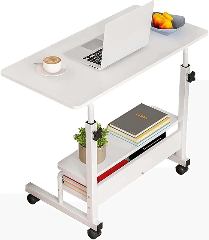 Home Office Desk Movable Bedroom Adjustable Table Modern Laptop Computer for Living Room Couch Portable Small Spaces with Wheels Storage Furniture Study 31.5 * 15.7 White