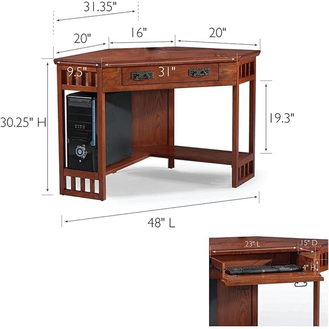BOWERY HILL Home Office Corner Computer and Writing Desk in Mission Oak with Dropfront Drawer for Laptop and Keyboard