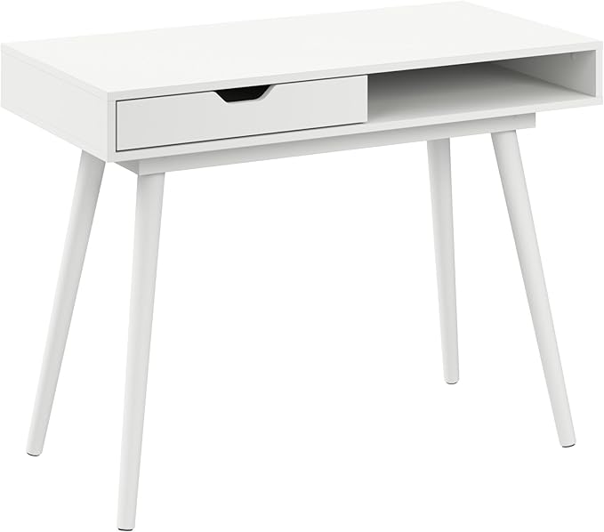 Nora 40W Writing Desk in Pure White | Compact Writing Table with Storage Workstation for Home Office or Study Room