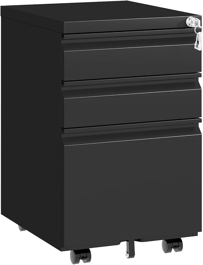 3 Drawer File Cabinet with LockUnder Desk Rolling Small Filing Cabinet for Home Office StorageMobile Steel Cabinets with WheelsFully AssembledBlack