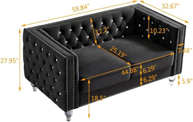 i-POOK 60 2-Seater Chesterfield Sofa Tufted Velvet Loveseat Sofa Couch with 2 Plush Pillows Crystal Legs and Nailhead Trim Arms Diamond Comfy Sofa for Living Room Office Guests Room Black