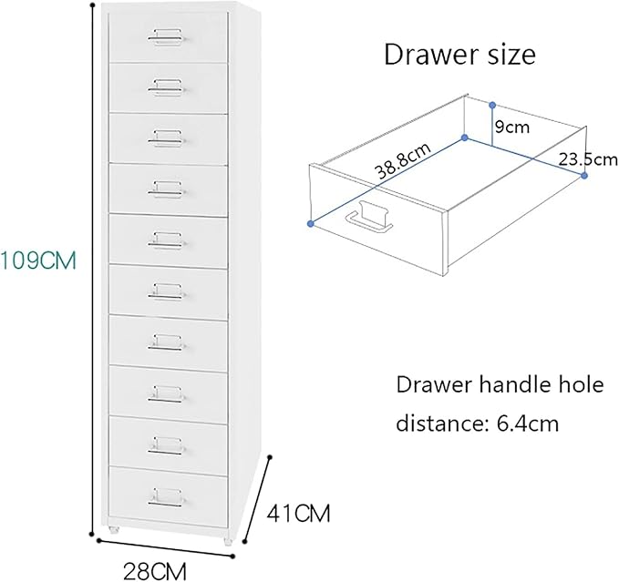 10-Drawer File Cabinet Metal Mobile File Cabinet with Wheels Filing Cabinet Under Desk for Home/Office(Color:White)