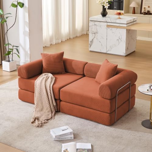 Foldable Sofa Bed 75 Inch Boneless Couch Convertible Memory Foam Sleeper Sofabed Floor Mattress with 2 Pillows Microfiber Cloud Sofa for Living Room Apartment No Assembly (Orange)