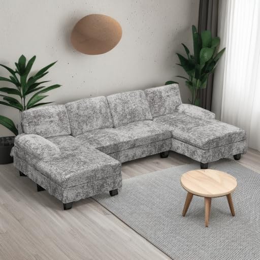 Furniwell Convertible Sectional Sofa Couch 4 Seat Sofa Set for Living Room U-Shaped Modern Fabric Modular Sofa Sleeper with Double Chaise &amp Memory Foam (Fabric Grey)