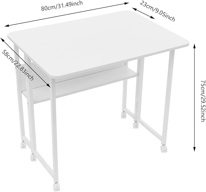 31.5 Mobile Folding Desk with Wheels Small Foldable Desk for Small Spaces Computer Table Writing Workstation for Home Office Easy Assembly White