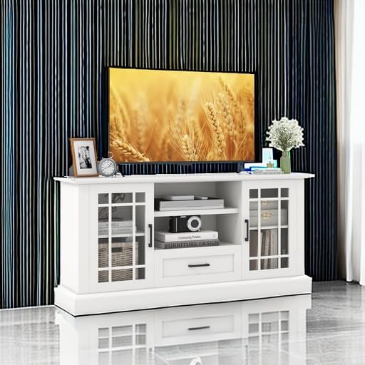 Tangkula Farmhouse TV Stand for TV up to 65 70 Inches Tall Media Console Table with 2 Glass Storage Cabinets 1 Drawer &amp 2 Open Shelves Wooden Entertainment Center for Living Room (White)