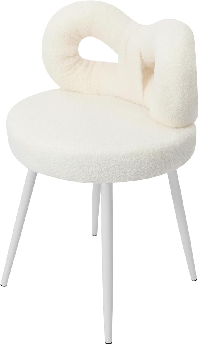 Cute Bow Backrest Chair Milky White Make-up Chair Bedroom Vanity Stool Armless Dressing Chair Small Upholstered Accent Chair Desk Chair for Bedroom Living Room
