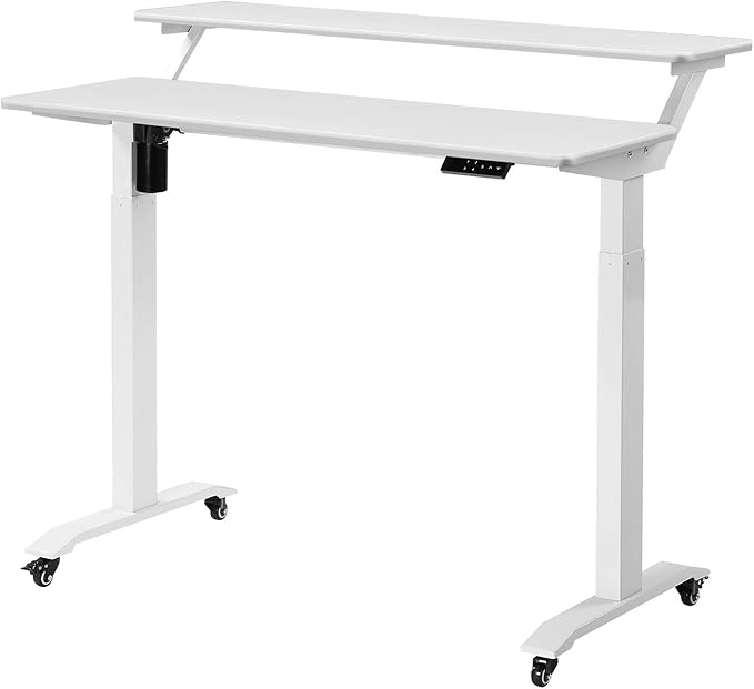 UNICOO Electric Height Adjustable 2-Tier Raising Desk with Wheels Mobile Standing Desk with Monitor Stand Ergonomic Adjustable Computer Table Electric Standing Game Table for Home Office