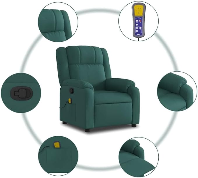 vidaXL Massage Recliner Chair for Living Room Adjustable Recliner with 6-Point Vibration Massage Home Theater Seating with Padded Seat Backrest &amp Side Pocket Dark Green Fabric