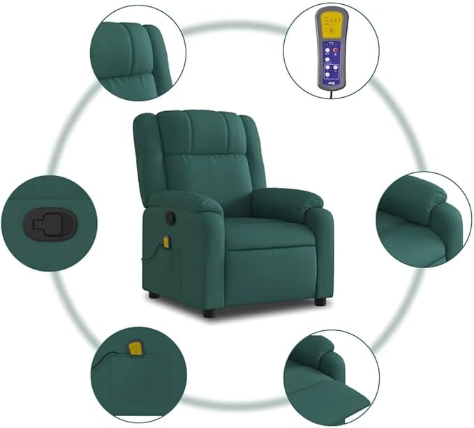vidaXL Dark Green Reclining Massage Chair with 6 Point Vibration and Adjustable Backrest for Home Theater Living Room Recliner Armchair Fabric Chairs Comfort Modern