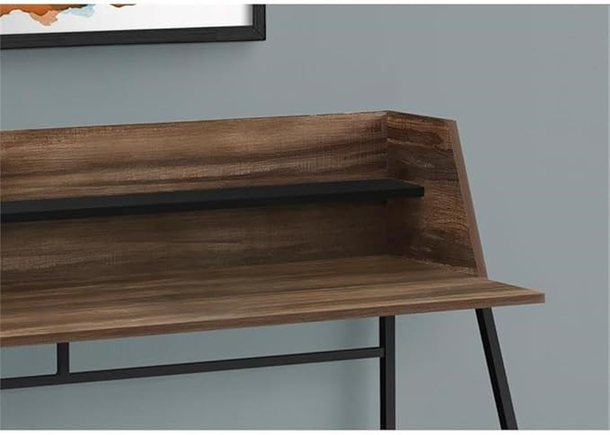 Pemberly Row Computer Desk 48 in Particle Board and Metal Brown Wood-Look Finish Black Shelf Contemporary Trapezoid-Leg Home Office Table with Storage Hutch and Compact Design