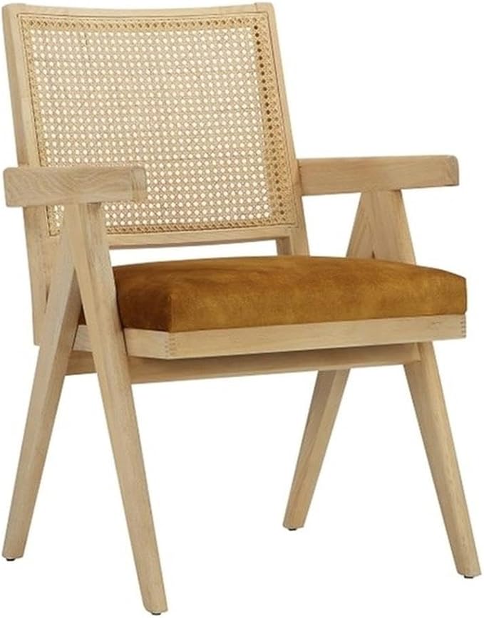 Pemberly Row Contemporary Arm Chair Velvet Gold Linen Blend Fabric Wood Frame Modern Cane Design Fully Assembled Accent Seating for Living Room or Bedroom Seat Height 19.5 Arm Height 25.5