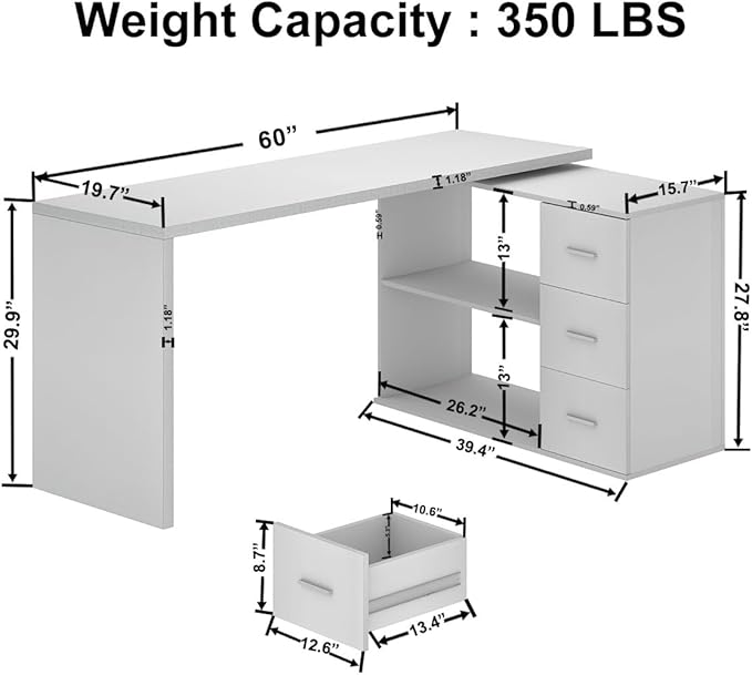 HSH White L Shaped Desk with Drawers Shelves Corner Home Office Desk L Shape with Storage Cabinet Large Wood Computer Desk for PC Executive Work Writing Study Modern Living Room Bedroom Table60 In