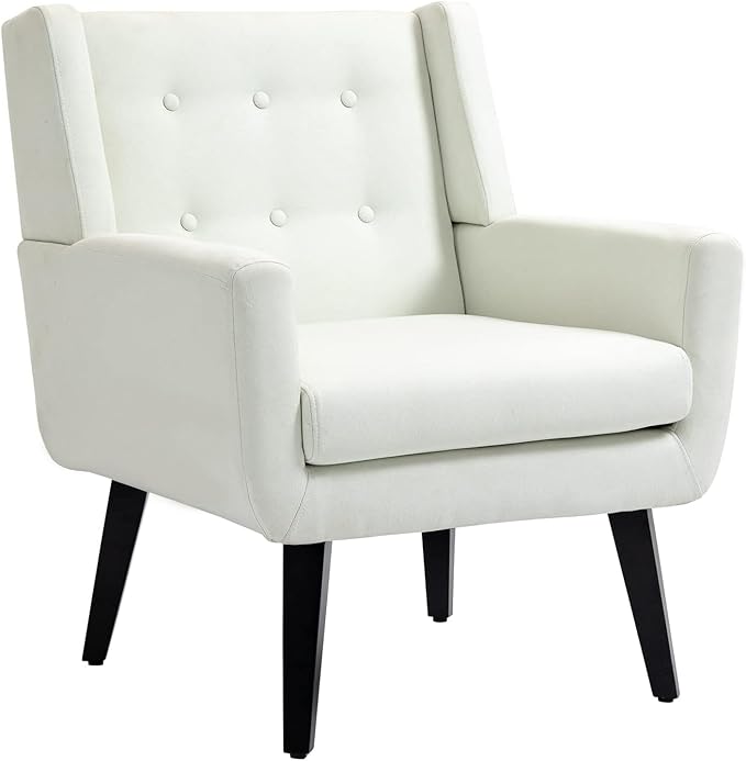 AVAWING Accent Chair Comfy Button Tufted Armchair with Wood Legs Modern Fabric Single Seat Side Reading Chair for Living Room &amp Bedroom White