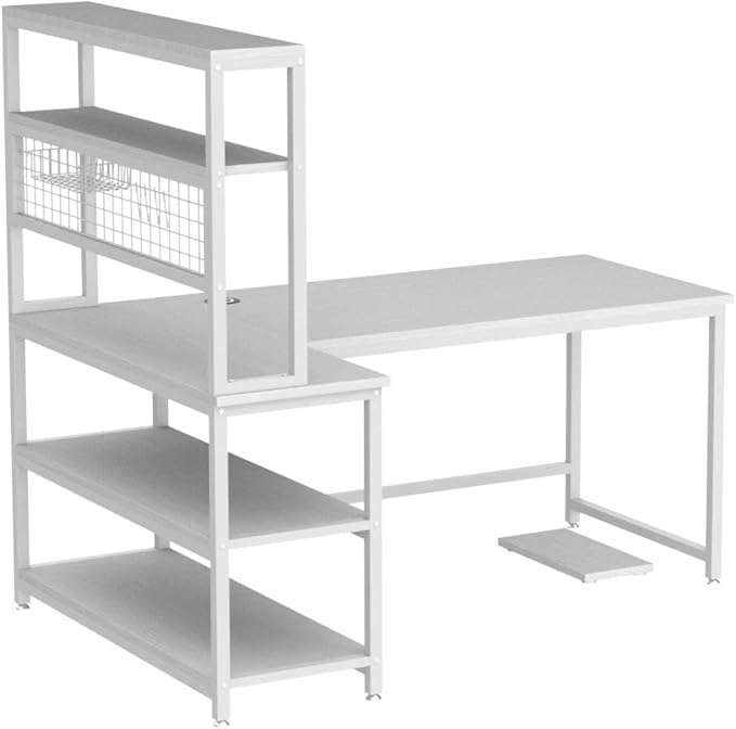 Tribesigns 55 Large Computer Desk with Wireless Charging 5 Storage Shelves Office Desk Study Table Writing Desk Workstation with Hutch Bookshelf for Home Office (All White)