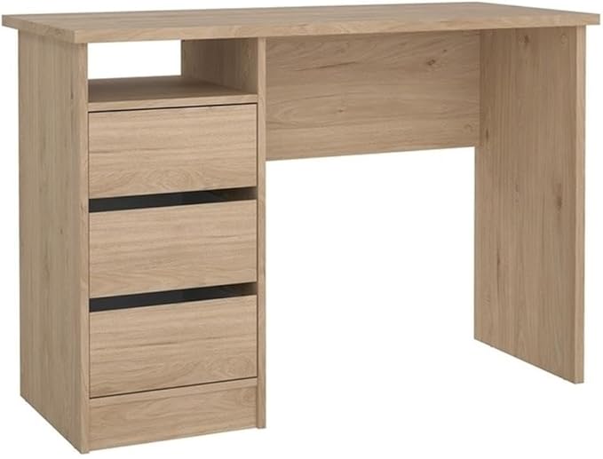 Pemberly Row Writing Desk 43.31 in. H x 19.09 in. D x 29.92 in. W Engineered Wood with Jackson Hickory Finish 3 Smooth Gliding Drawers Open Shelf Compact Home Office Desk for Small Spaces