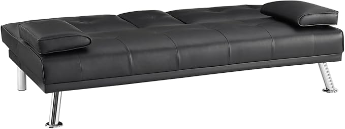 Naomi Home Low Profile Design: Convertible Folding Futon Sofa Bed Sleeper Couch for Living Room Faux Leather Upholstered Futon Sofa with Armrests Metal Legs 2 Cup Holders Black