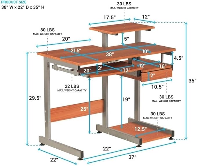 Pemberly Row Contemporary Wood/Steel Computer Desk 38 W x 22 D x 30 H Mahogany Finish MDF and Steel Construction Pull-Out Keyboard Tray Printer and Scanner Shelves Home Office Desk