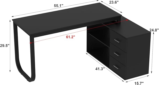 Homsee Home Office Computer Desk Corner Desk with 3 Drawers and 2 Shelves 55 Inch Large L-Shaped Study Writing Table with Storage Cabinet - Black