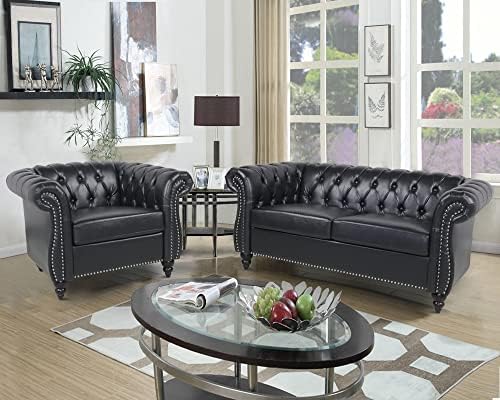 RARZOE 2 Pieces of Living Room Furniture Sofa SetsModern Contemporary Tufted Button Faux Leather Accent Club Chair&ampChesterfield Loveseat Sofas Set with Nailhead Trim Scroll Arms for HomeBlack