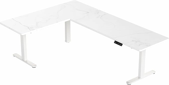 VIVO Electric Height Adjustable 83 x 60 inch Corner Stand Up Desk 2 White Marble Dry Erase Solid Table Tops White Frame Memory Controller L-Shaped Workstation 3E Series DESK-KIT-3E8WWM