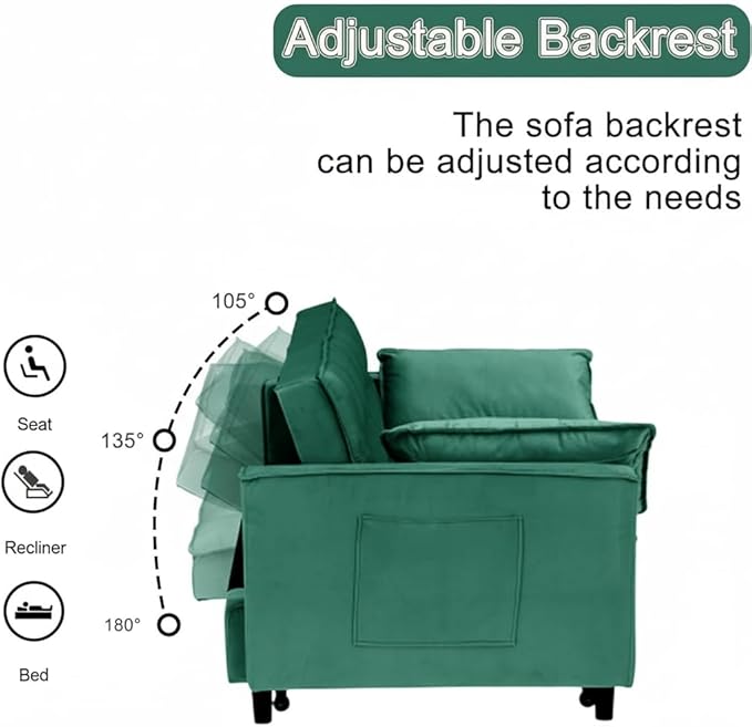 Convertible Sofa Bed 3 in 1 Pull Out Couch with Side Pockets Velvet Fabric Loveseat Sleeper Sofa Bed Pull Out Couch with Adjustable Backrest for Living Room Bedroom Apartment Green