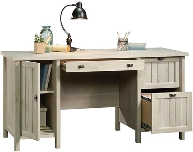 Pemberly Row Cottage Look Home Office Computer Desk with CPU Tower Storage and Filing Drawer in Chalked Chestnut