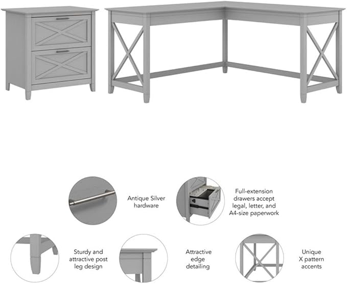 Bush Furniture L Shaped Desk with Lateral File Cabinet | Key West Collection Corner Computer Table with Storage for Home Office with Filing Unit | 60Wx60Dx30H