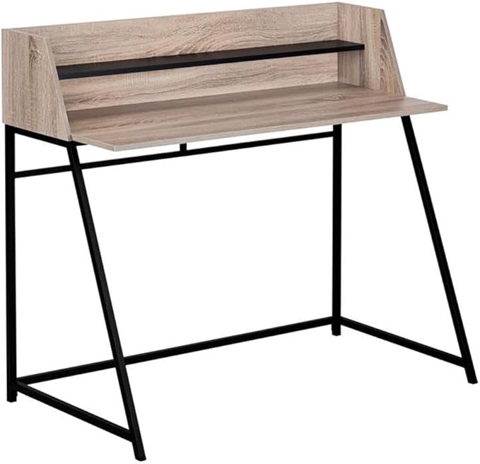 Pemberly Row Computer Desk 47.25 W x 23.75 D x 39.25 H Particle Board and Metal Dark Taupe and Black Finish Storage Hutch with Shelf Contemporary Home Office Laptop or Writing Table