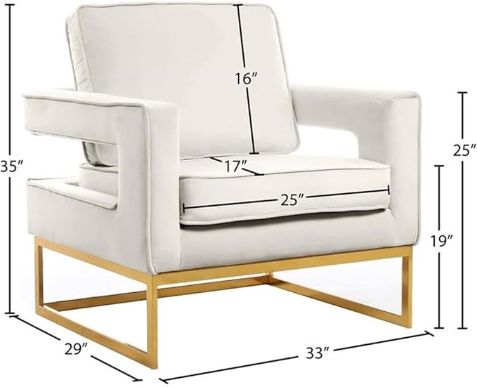 Pemberly Row Modern Velvet Accent Chair Cream Upholstery Gold Iron Base 33 W x 29 D x 35 H High-Density Foam Cushion Stylish Living Room Seating for Relaxing or Reading