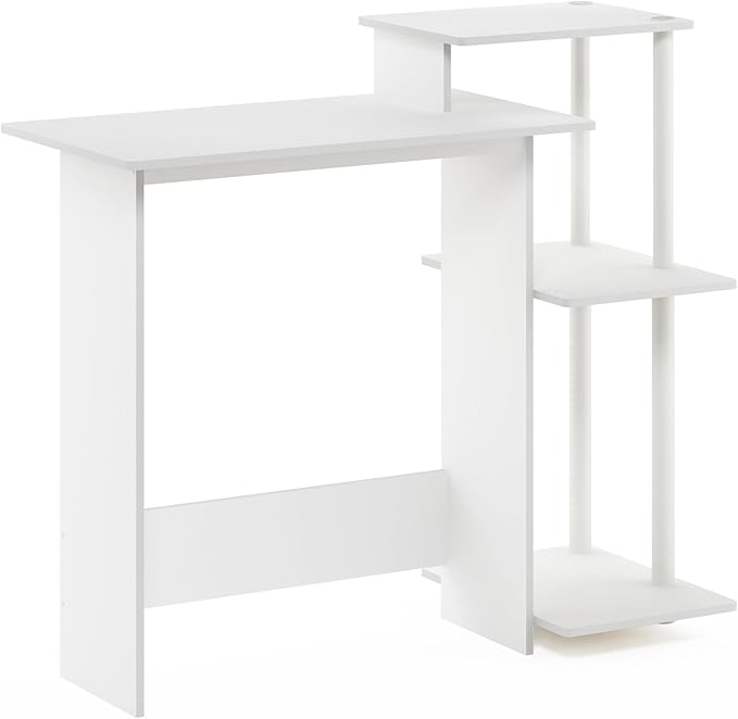 Furinno EFFICIENT Desk 28.6 Wide Gaming Desk with 3 Open Side Shelves Laptop Notebook Computer Desk Office Desk for Home Office Study Room Dorm Bedroom White