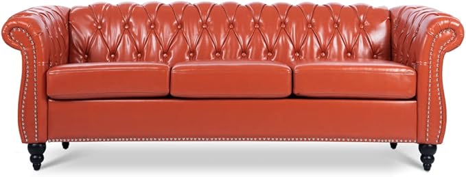 84 Chesterfield Couch PU Leather Modern Rolled Arm Tufted Back 3 Seater Sofa Upholstery Nailhead Trim Couches for Living Room Office (Orange)