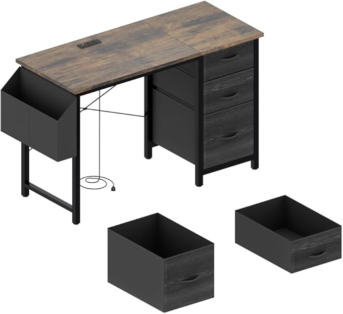 Office Desk with Power Outlet3drawers and Side Pocket Easy to AssembleFrame Stability Reversible for Home Office StudyRustic Brown