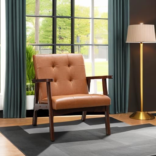 Bonzy Home Mid Century Modern Accent Chair for Living Room Upholstered Faux Leather Armchair Comfy Retro Bedroom Side Chair with Solid Wood Frame Orange