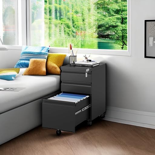 MIIIKO File Cabinet 3 Drawers on Wheels Under Desk Black Metal Rolling File Cabinets with Lock for Home Office Un-Assembled Filing Cabinet with Lock