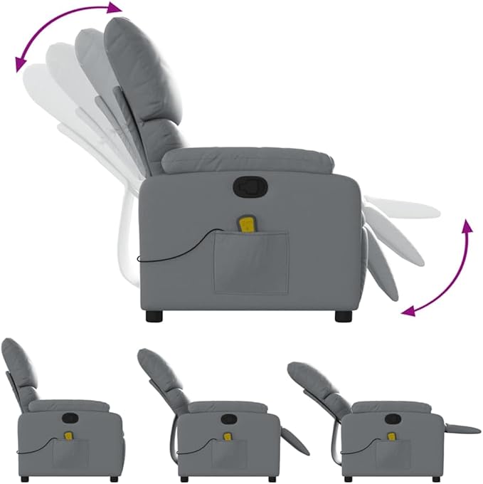 vidaXL Leather Massage Recliner Chair for Living Room Home Theater 6-Point Vibration Massage Adjustable Back &amp Footrest Side Pocket Gray