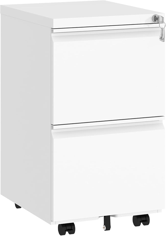 2 Drawer File Cabinet with LockUnder Desk Rolling Small Filing Cabinet for Home Office Storage Mobile Steel Cabinets with Wheels Fully Assembled White