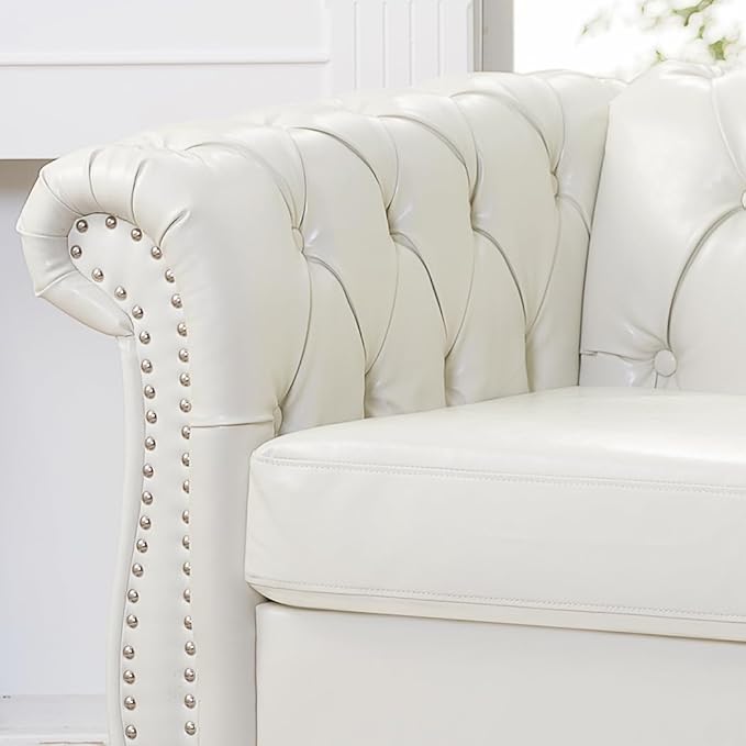 Modern Chesterfield Armchair PU Leather Rolled Arm Tufted Back Accent Chairs Upholstery Nailhead Trim for Living Room Office (White PU)