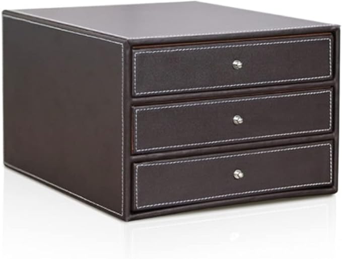 qiuqiu Office Cabinet File Box 3-Drawer Leather Filing Cabinets Desk 3 Layer Leather File Cabinet Drawer Style A4 Document Storage Box Business Office Supplies Furniture-Brown